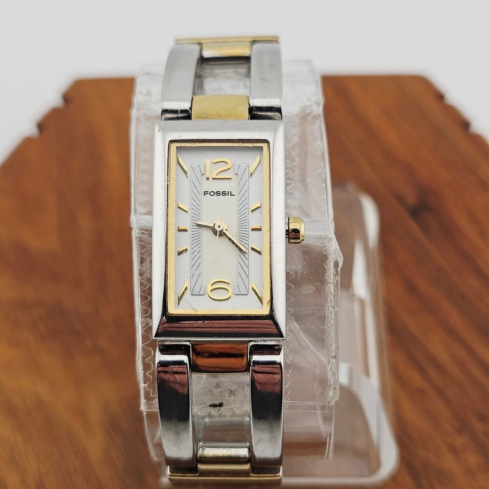 Fossil Women's Two Tone Rectangle Dial Watch Wide Link Bracelet Band ES-1771